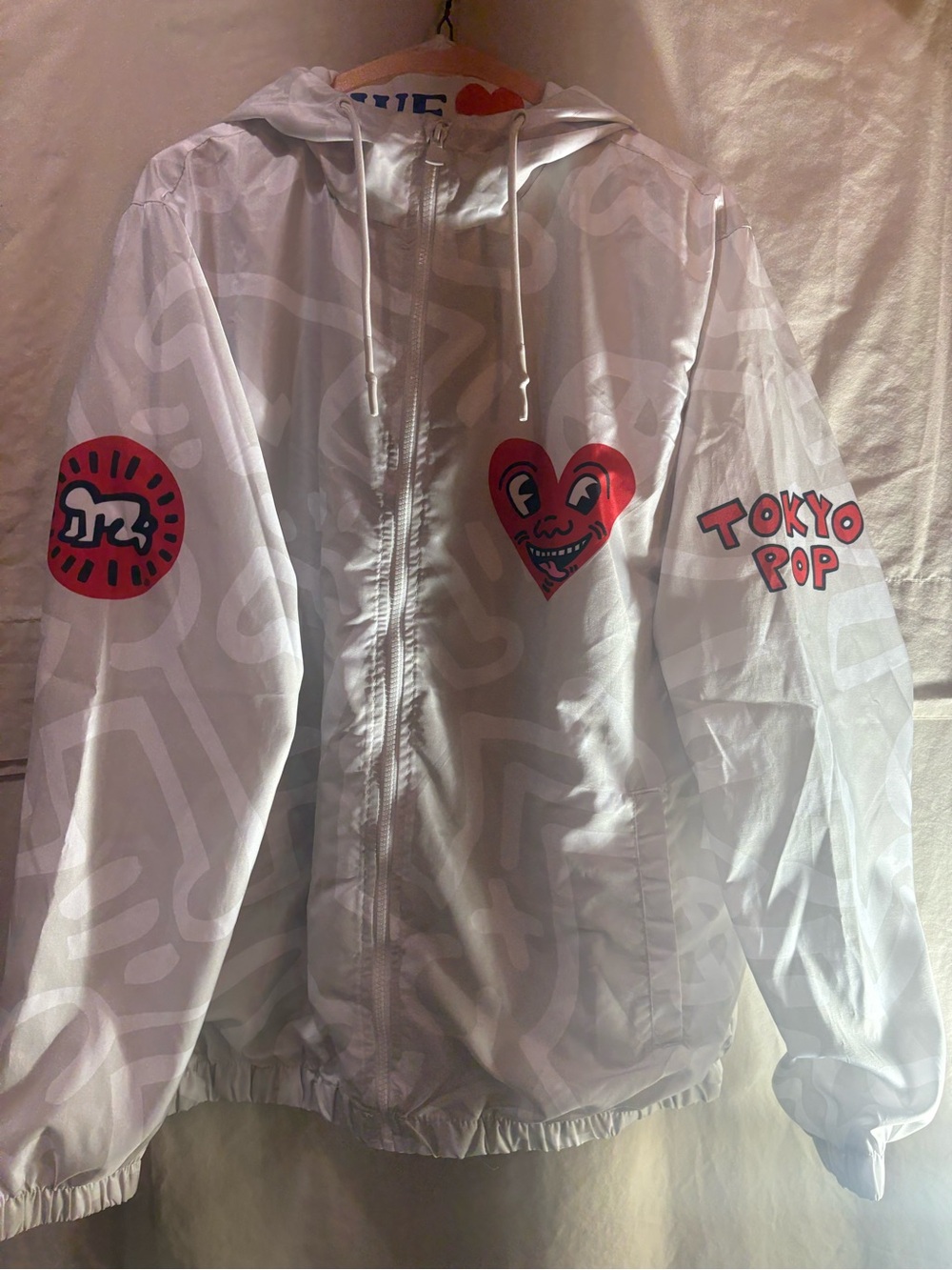 K Haring Members Only White Hooded Windbreaker with Red Graphic Accents